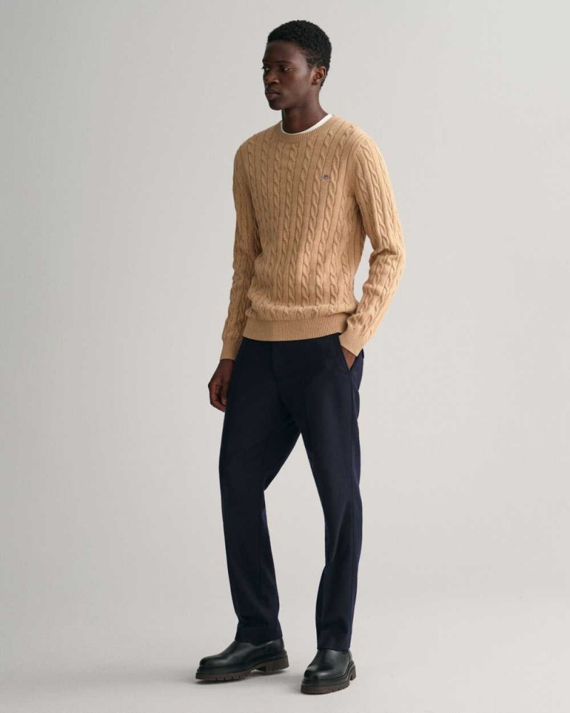 Gant Cotton Cable Knit Crew Neck Men's Sweater Khaki Melange | BJYHA-9860