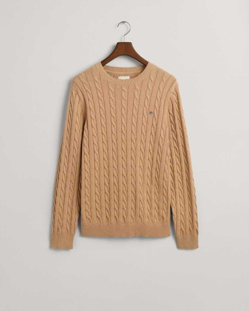 Gant Cotton Cable Knit Crew Neck Men's Sweater Khaki Melange | BJYHA-9860