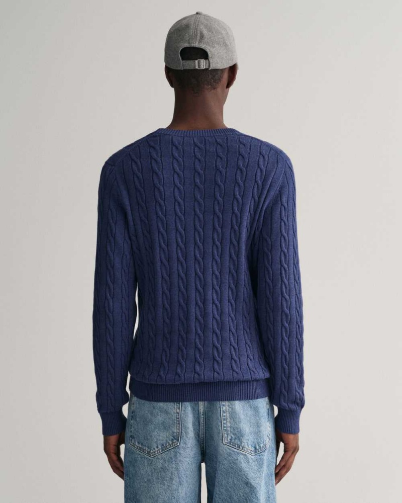 Gant Cotton Cable Knit Crew Neck Men's Sweater Marine Melange | JTYXQ-7691