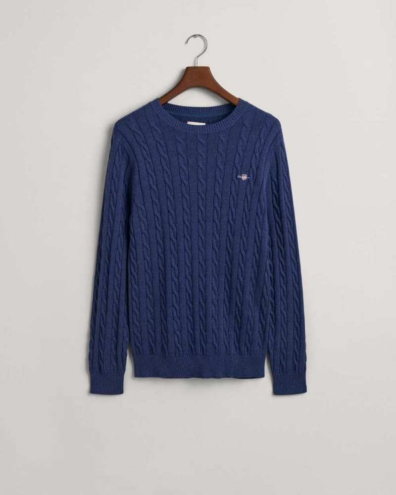 Gant Cotton Cable Knit Crew Neck Men's Sweater Marine Melange | JTYXQ-7691