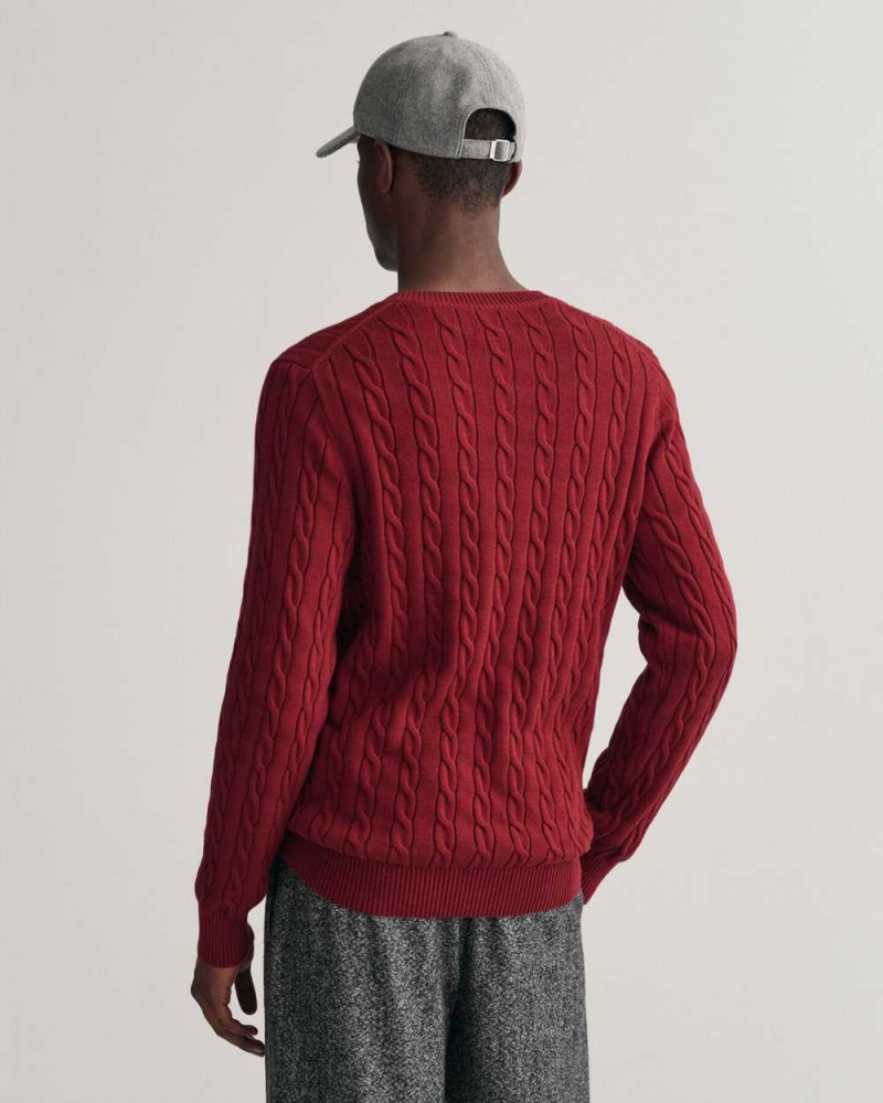 Gant Cotton Cable Knit Crew Neck Men's Sweater Plumped Red | QLXWF-8279