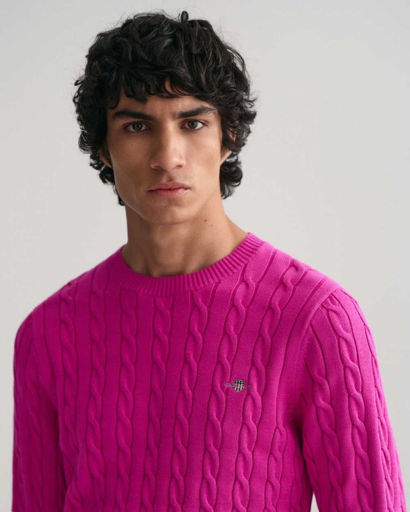 Gant Cotton Cable Knit Crew Neck Men's Sweater Barley Pink | IBPFH-6810