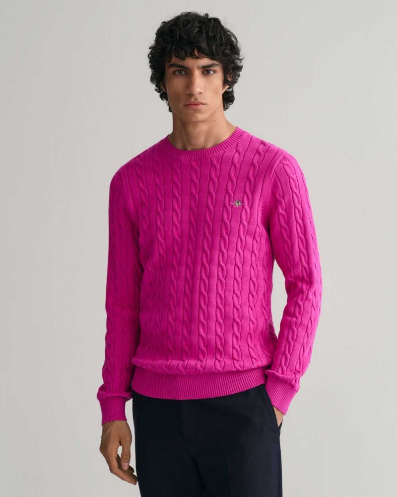 Gant Cotton Cable Knit Crew Neck Men\'s Sweater Barley Pink | IBPFH-6810