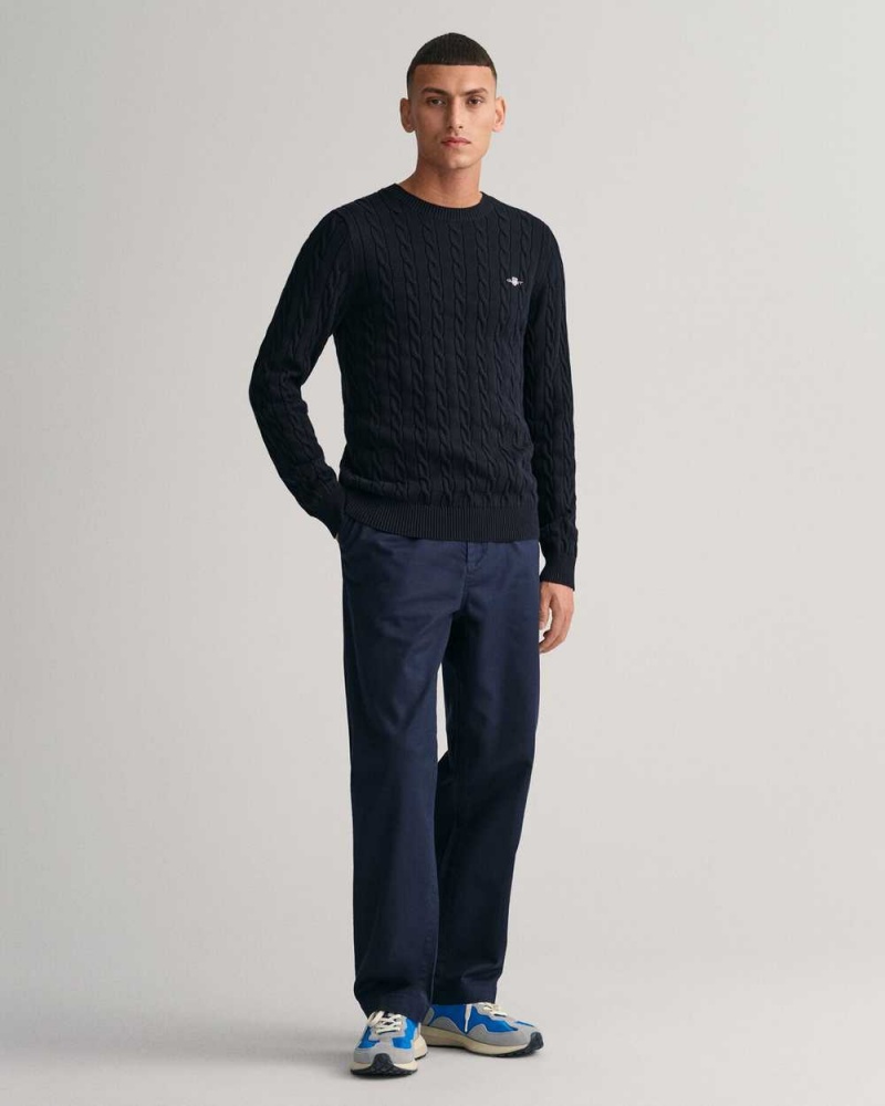 Gant Cotton Cable Knit Crew Neck Men's Sweater Evening Blue | ASRHO-1059