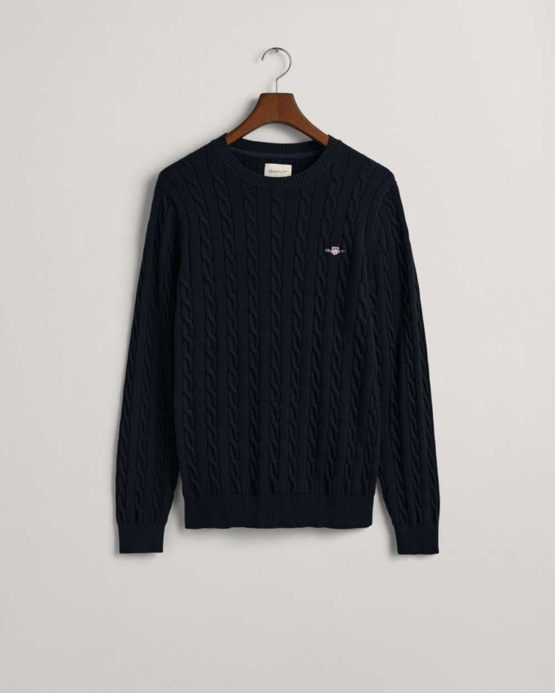 Gant Cotton Cable Knit Crew Neck Men's Sweater Evening Blue | ASRHO-1059