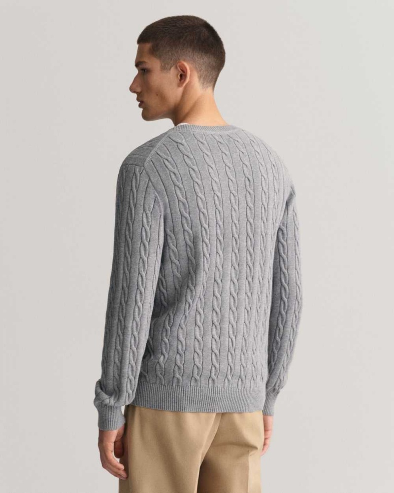 Gant Cotton Cable Knit Crew Neck Men's Sweater Grey Melange | ENSHL-8706