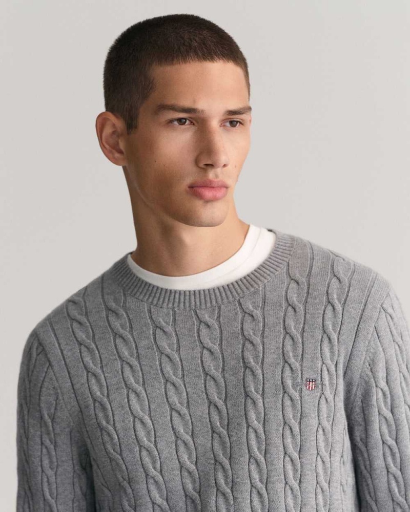 Gant Cotton Cable Knit Crew Neck Men's Sweater Grey Melange | ENSHL-8706