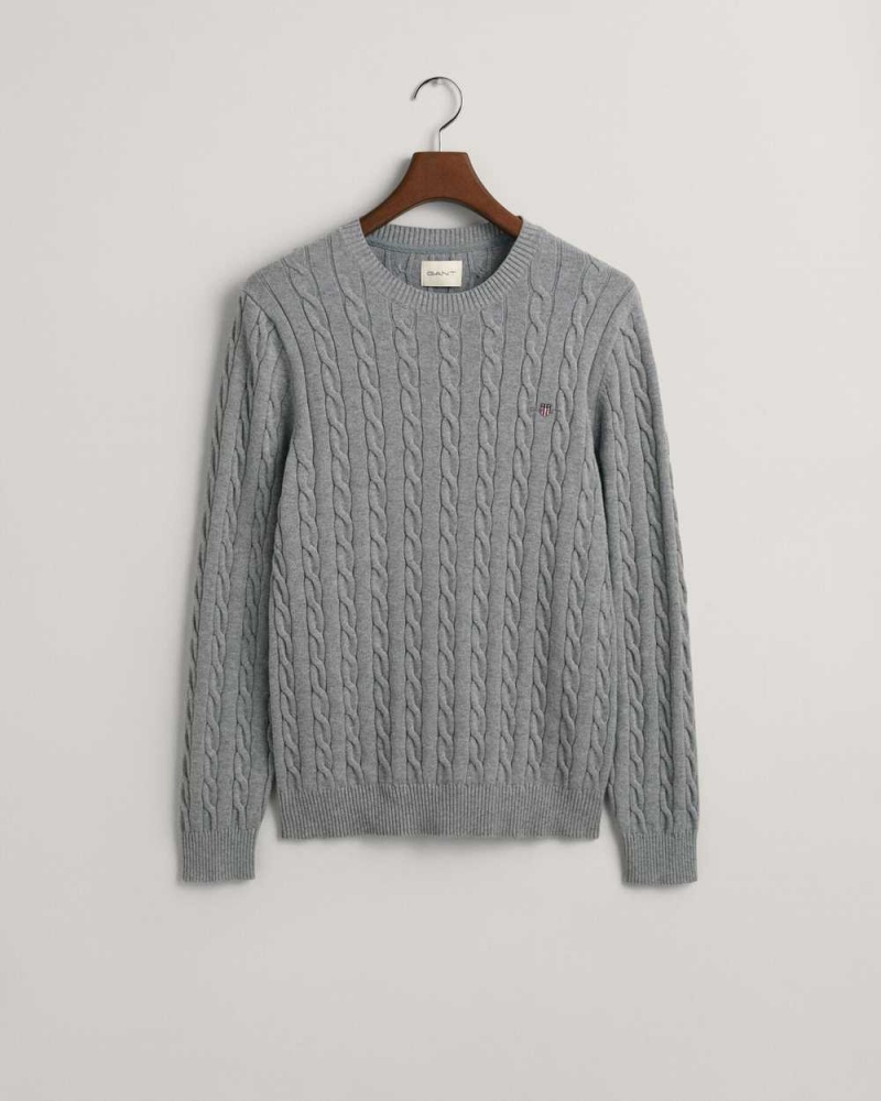 Gant Cotton Cable Knit Crew Neck Men's Sweater Grey Melange | ENSHL-8706