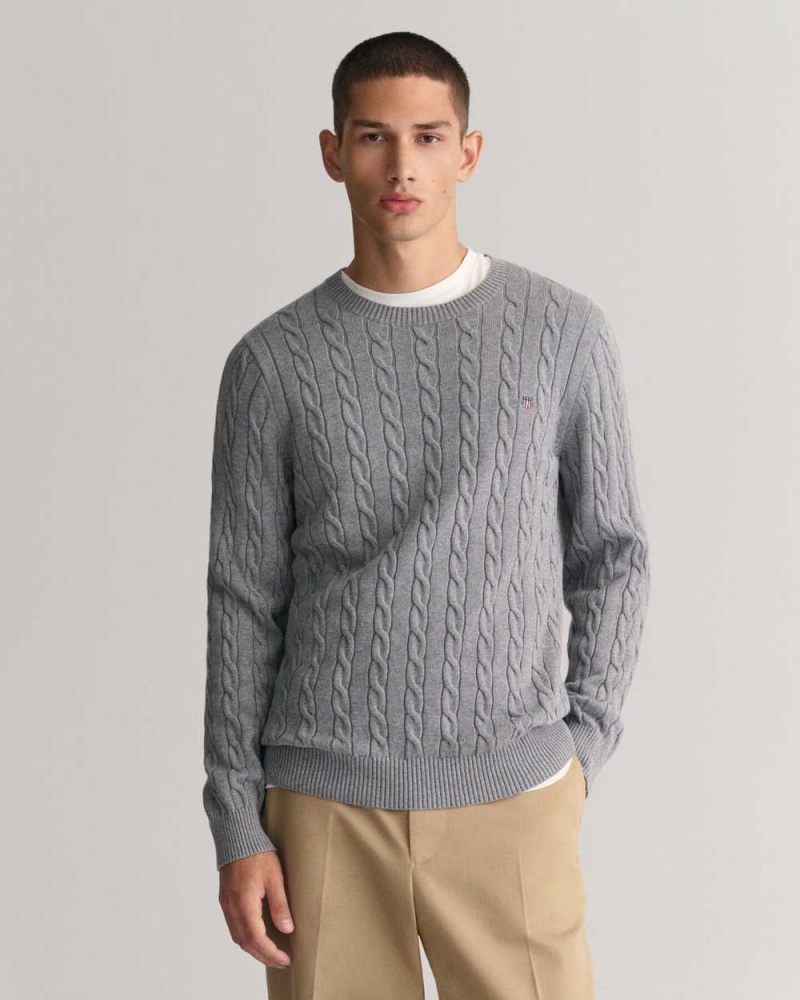 Gant Cotton Cable Knit Crew Neck Men\'s Sweater Grey Melange | ENSHL-8706