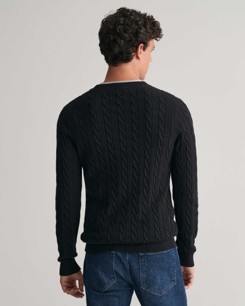 Gant Cotton Cable Knit Crew Neck Men's Sweater Black | SAKML-7286