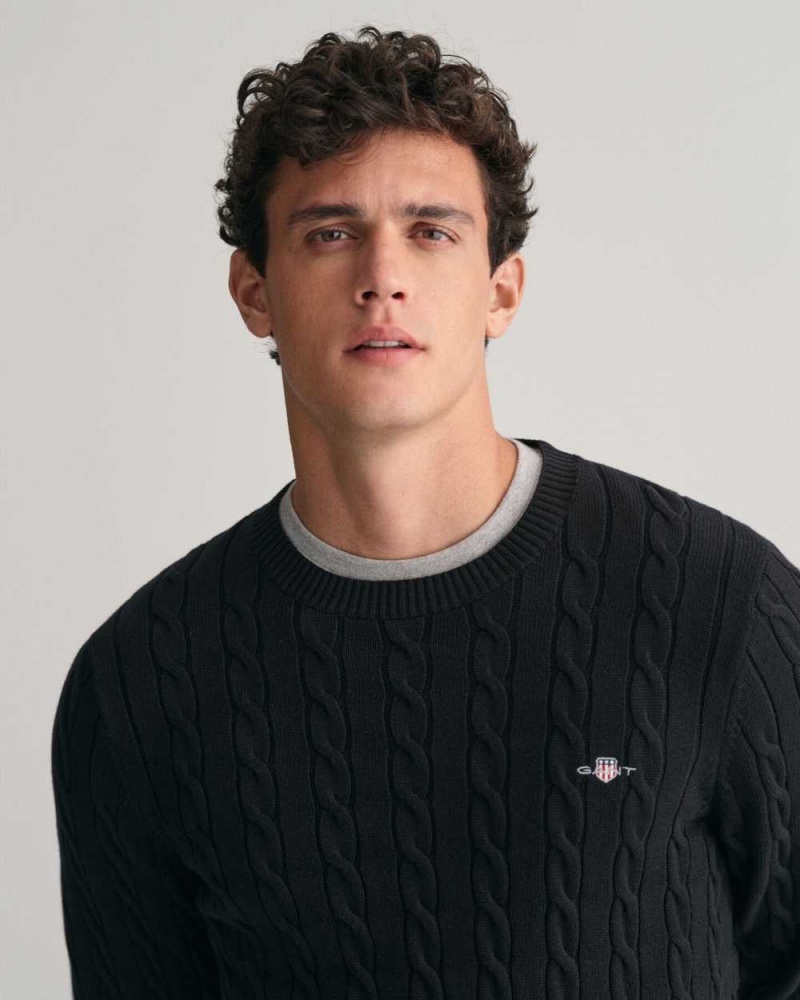 Gant Cotton Cable Knit Crew Neck Men's Sweater Black | SAKML-7286