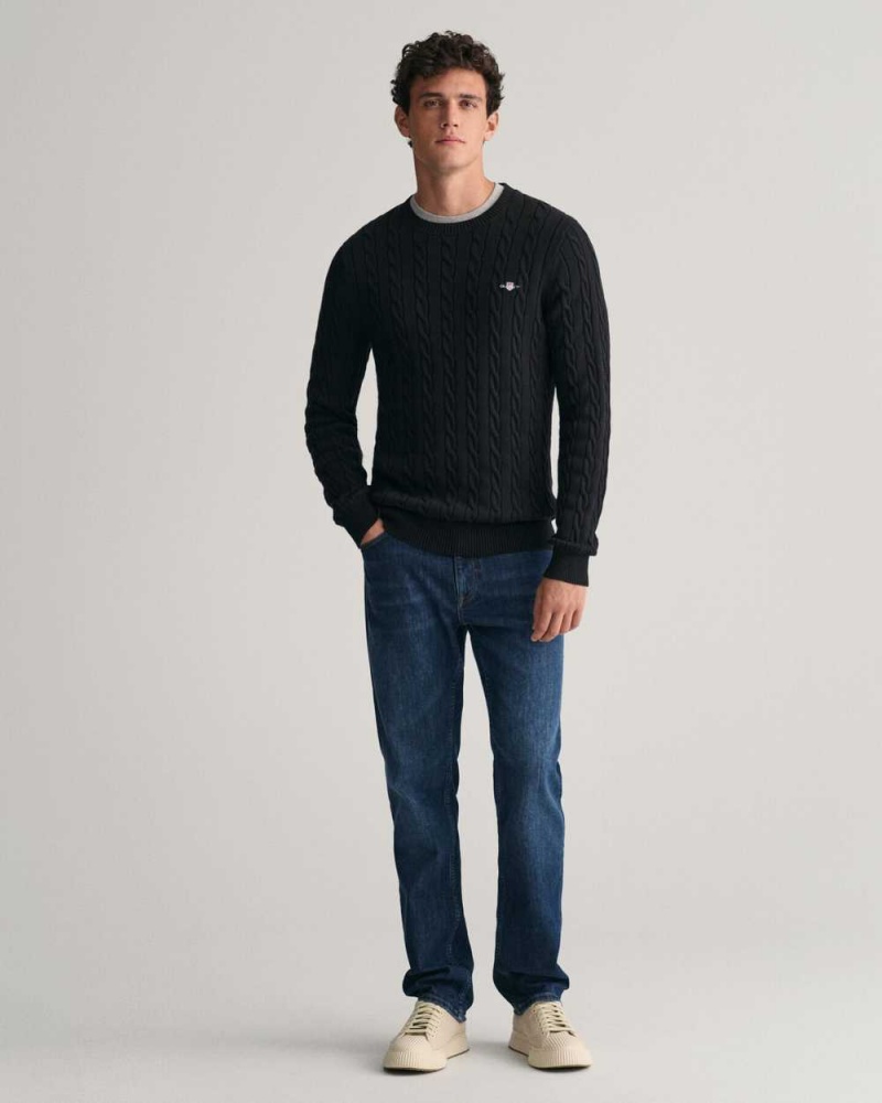 Gant Cotton Cable Knit Crew Neck Men's Sweater Black | SAKML-7286