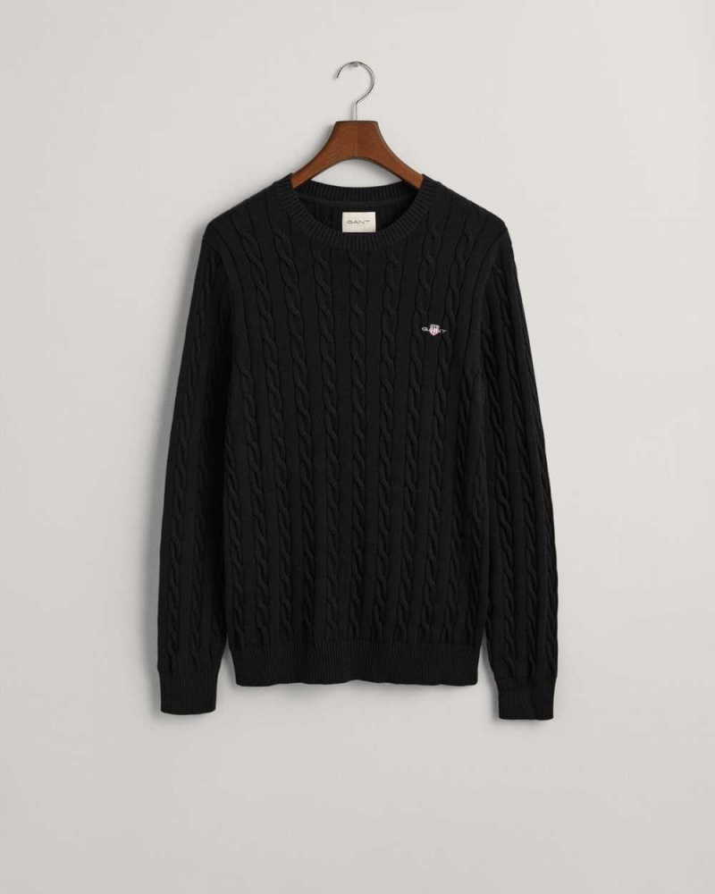 Gant Cotton Cable Knit Crew Neck Men's Sweater Black | SAKML-7286