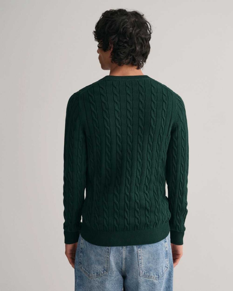 Gant Cotton Cable Knit Crew Neck Men's Sweater Tartan Green | YFVDS-1974