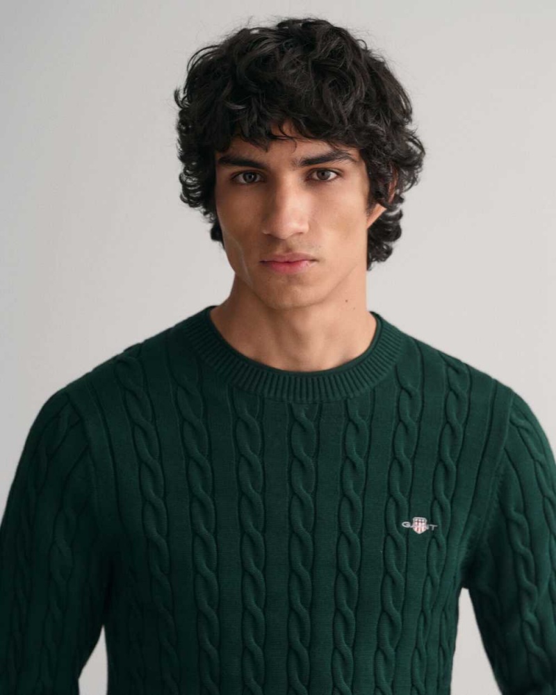 Gant Cotton Cable Knit Crew Neck Men's Sweater Tartan Green | YFVDS-1974