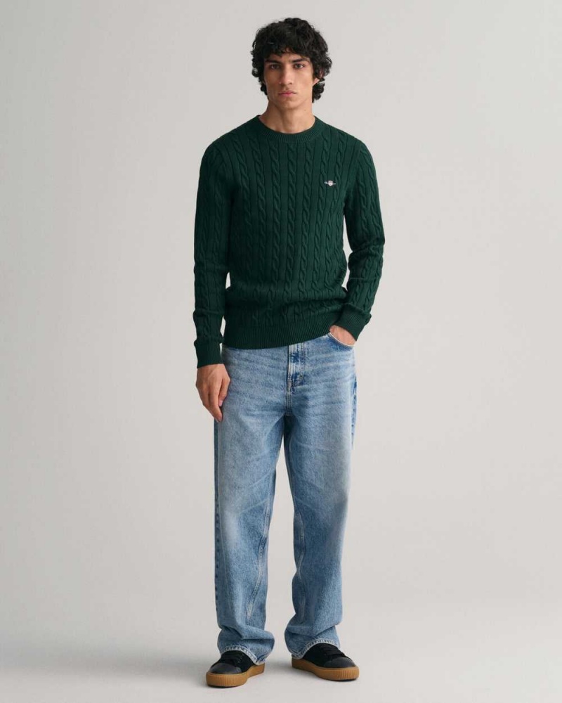 Gant Cotton Cable Knit Crew Neck Men's Sweater Tartan Green | YFVDS-1974