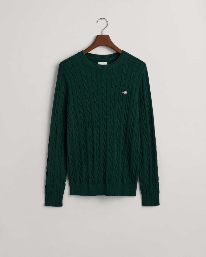 Gant Cotton Cable Knit Crew Neck Men's Sweater Tartan Green | YFVDS-1974