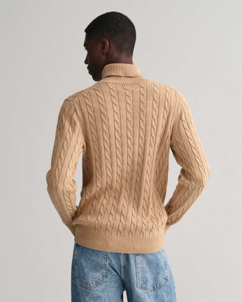 Gant Cotton Cable Knit Turtleneck Men's Sweater Khaki Melange | ZXJHT-7259