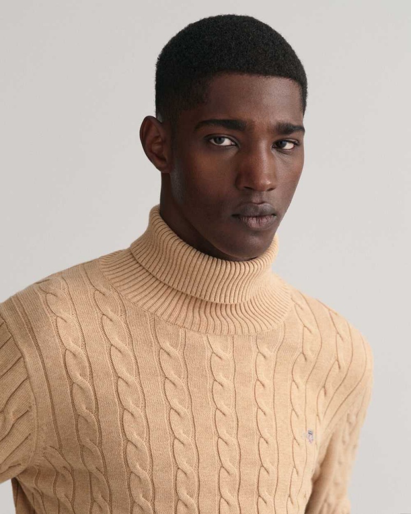 Gant Cotton Cable Knit Turtleneck Men's Sweater Khaki Melange | ZXJHT-7259