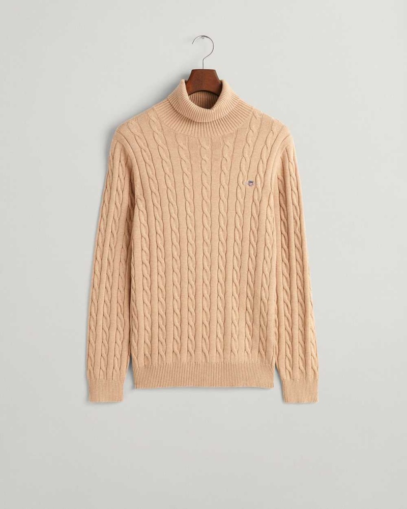 Gant Cotton Cable Knit Turtleneck Men's Sweater Khaki Melange | ZXJHT-7259