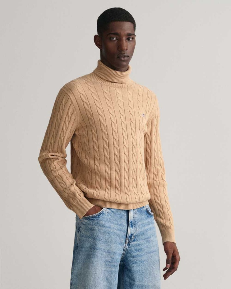 Gant Cotton Cable Knit Turtleneck Men\'s Sweater Khaki Melange | ZXJHT-7259