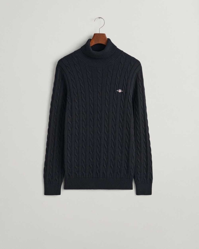 Gant Cotton Cable Knit Turtleneck Men's Sweater Black | WSMJA-1569