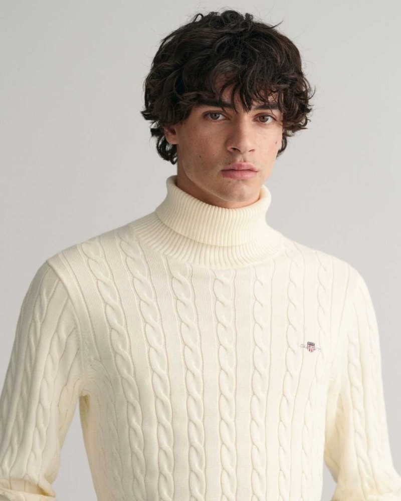 Gant Cotton Cable Knit Turtleneck Men's Sweater Cream | BCGLU-8095