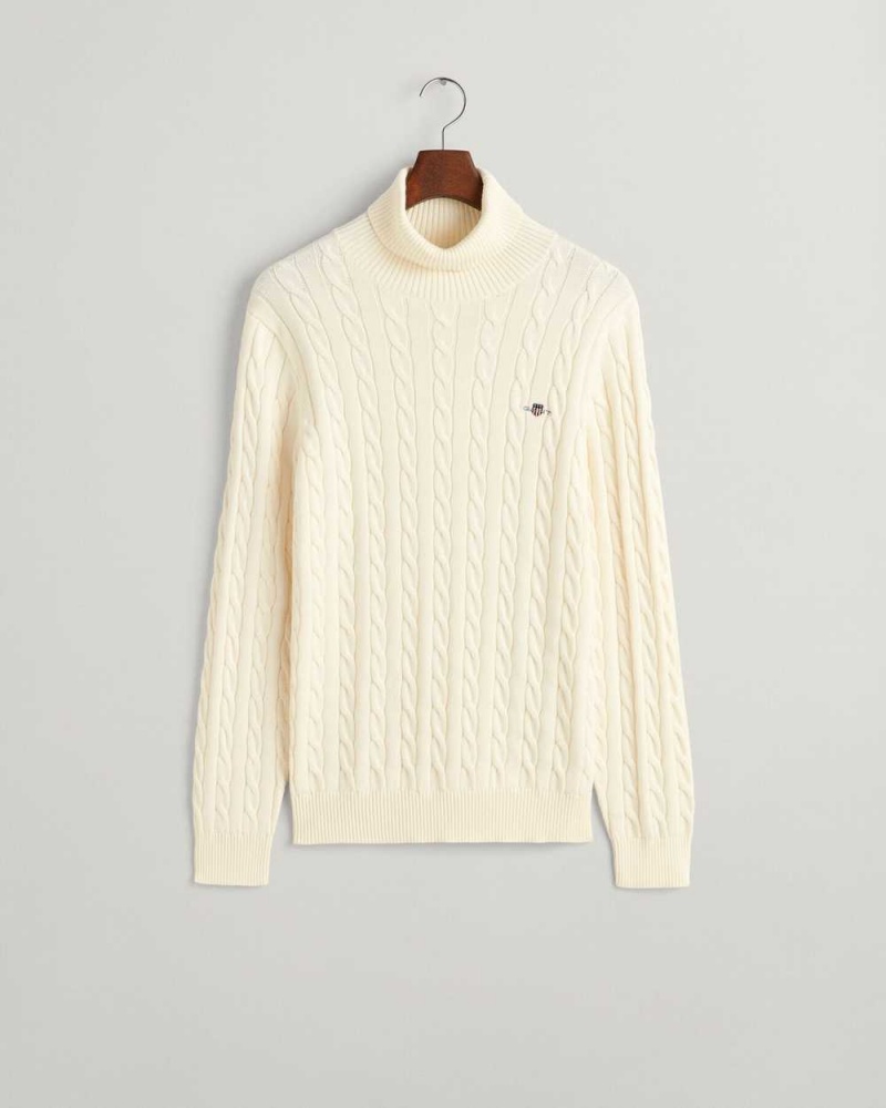 Gant Cotton Cable Knit Turtleneck Men's Sweater Cream | BCGLU-8095