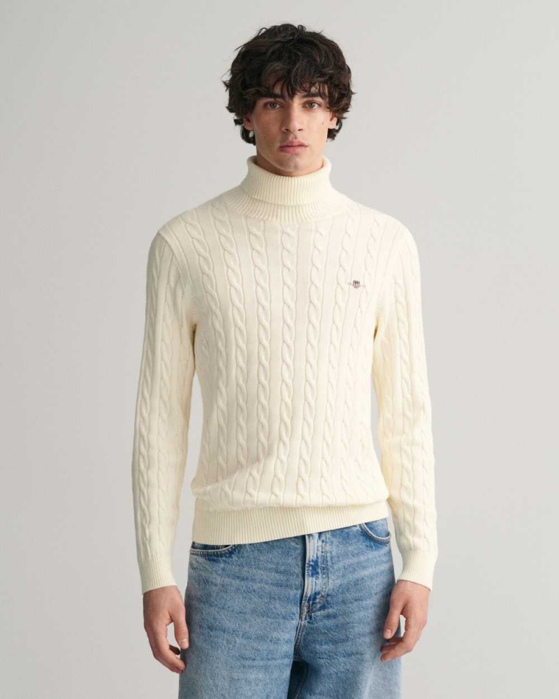 Gant Cotton Cable Knit Turtleneck Men\'s Sweater Cream | BCGLU-8095