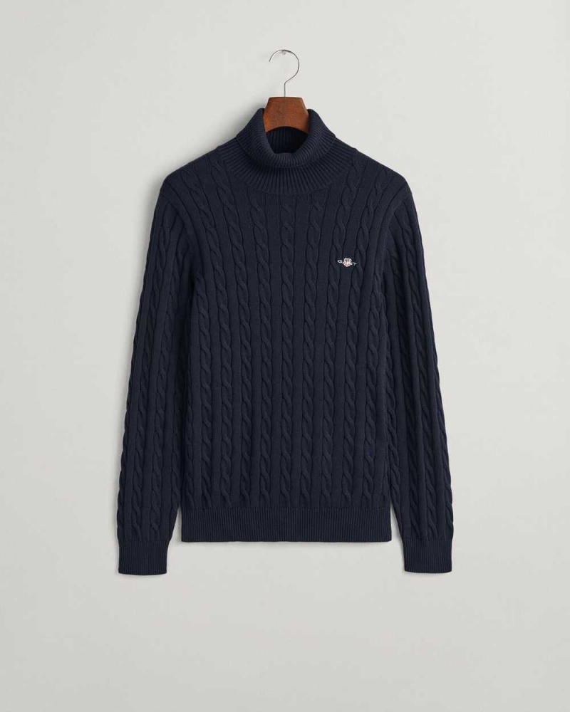 Gant Cotton Cable Knit Turtleneck Men's Sweater Evening Blue | KXBQA-6234