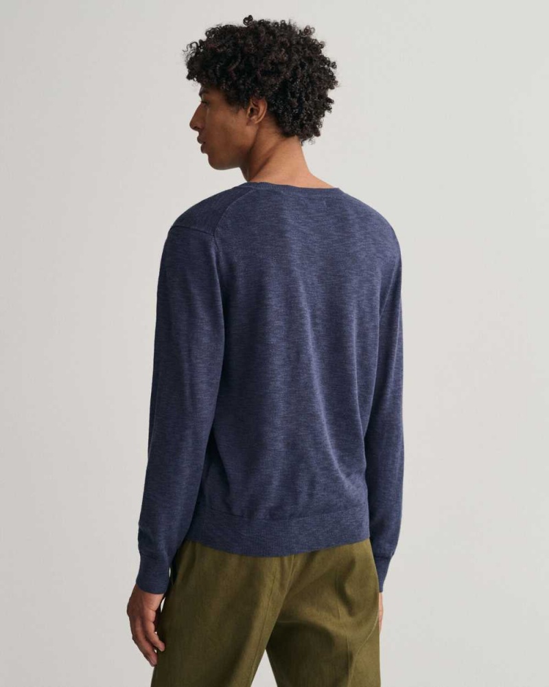 Gant Cotton Linen Crew Neck Men's Sweater Navy Blue | XFUNG-8365