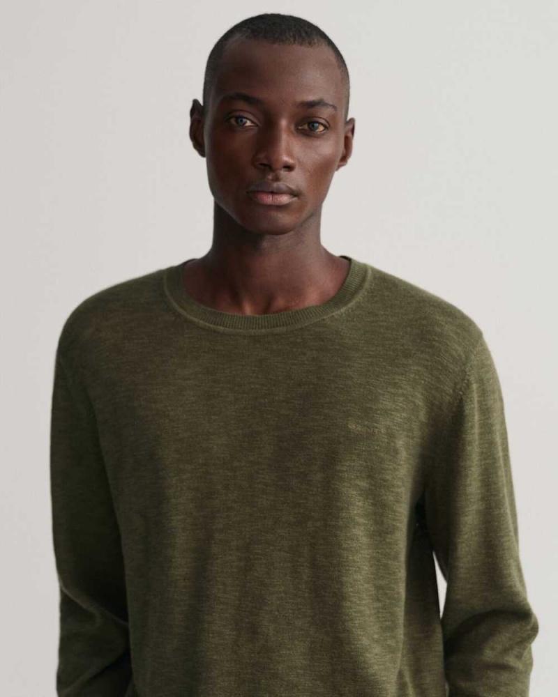 Gant Cotton Linen Crew Neck Men's Sweater Racing Green | HFLNP-7809