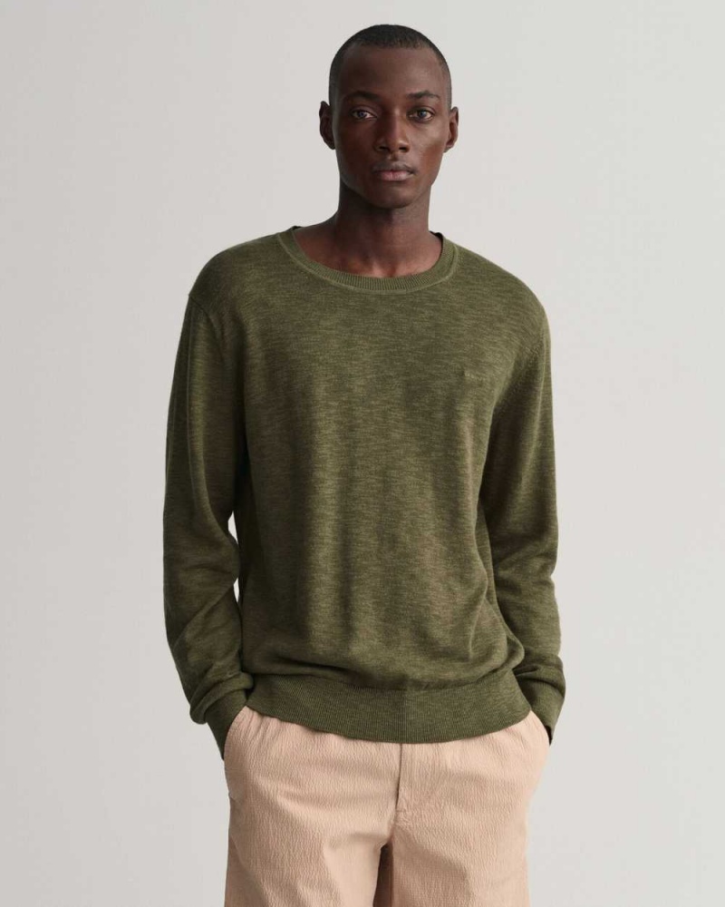 Gant Cotton Linen Crew Neck Men\'s Sweater Racing Green | HFLNP-7809