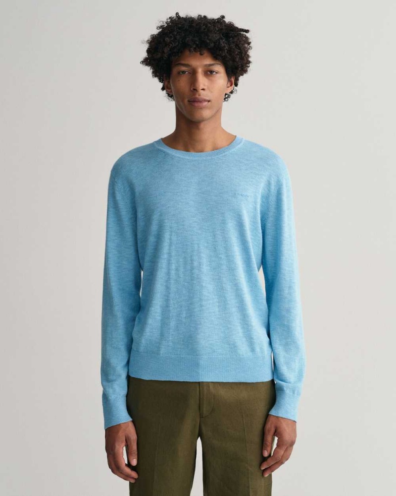 Gant Cotton Linen Crew Neck Men\'s Sweater East Coast Sky | FZPSO-6094