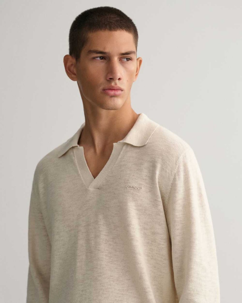 Gant Cotton Linen Polo Men's Sweater Light Gray Brown | ZQVKX-2061