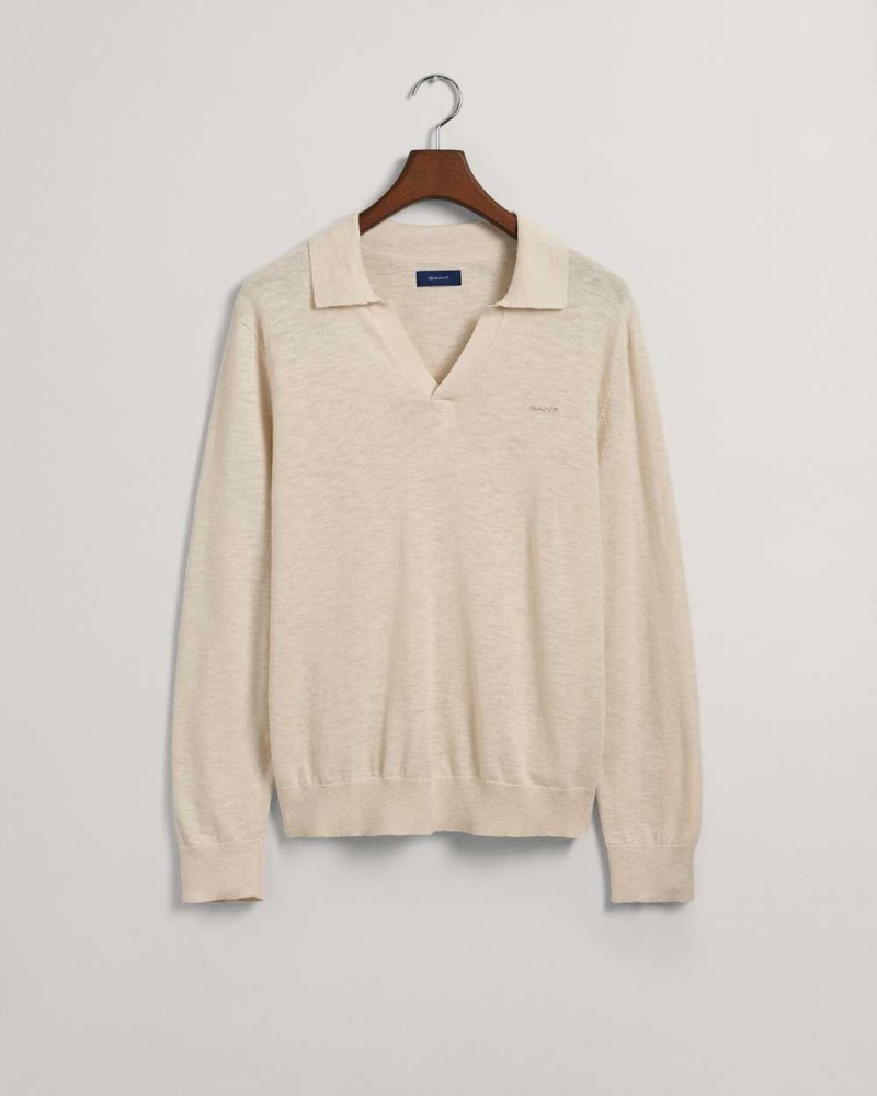 Gant Cotton Linen Polo Men's Sweater Light Gray Brown | ZQVKX-2061