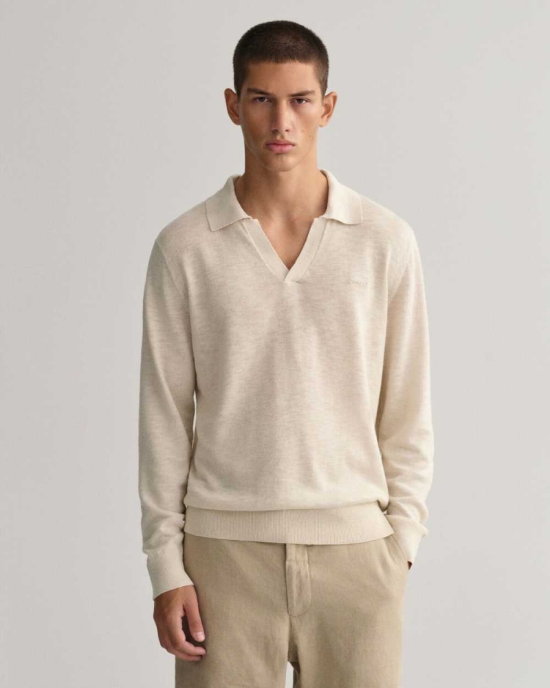 Gant Cotton Linen Polo Men\'s Sweater Light Gray Brown | ZQVKX-2061