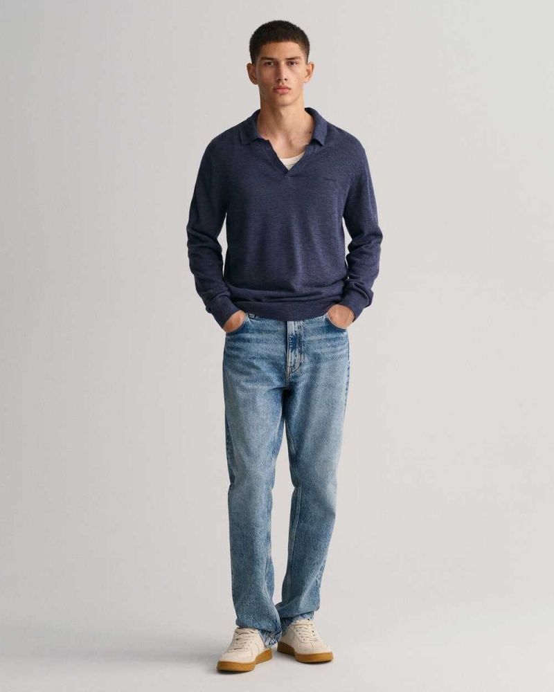 Gant Cotton Linen Polo Men's Sweater Navy Blue | JYCHO-3781