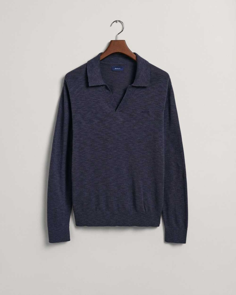 Gant Cotton Linen Polo Men's Sweater Navy Blue | JYCHO-3781