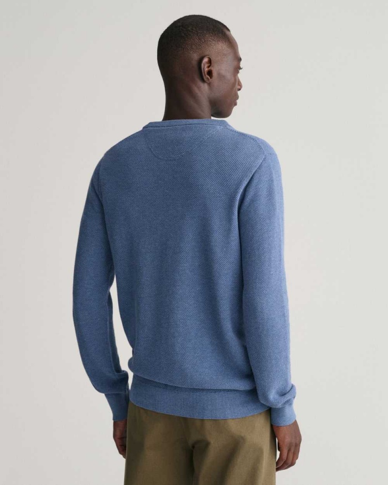 Gant Cotton Piqué Crew Neck Men's Sweater Denim Blue Melange | ZTQBP-1940