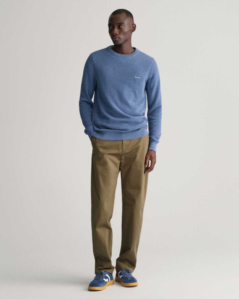 Gant Cotton Piqué Crew Neck Men's Sweater Denim Blue Melange | ZTQBP-1940