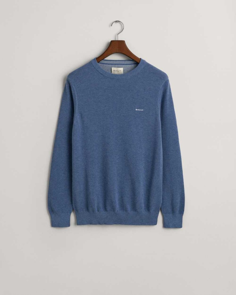 Gant Cotton Piqué Crew Neck Men's Sweater Denim Blue Melange | ZTQBP-1940