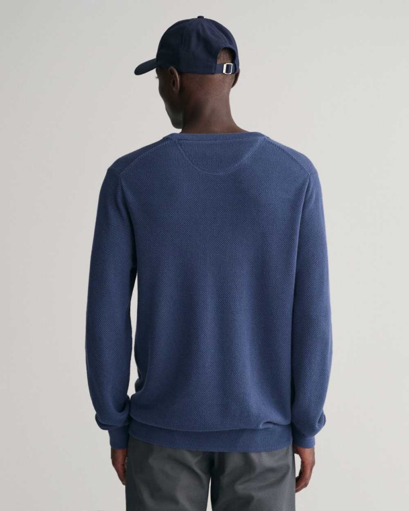 Gant Cotton Piqué Crew Neck Men's Sweater Dusty Blue Sea | BGRPJ-0489