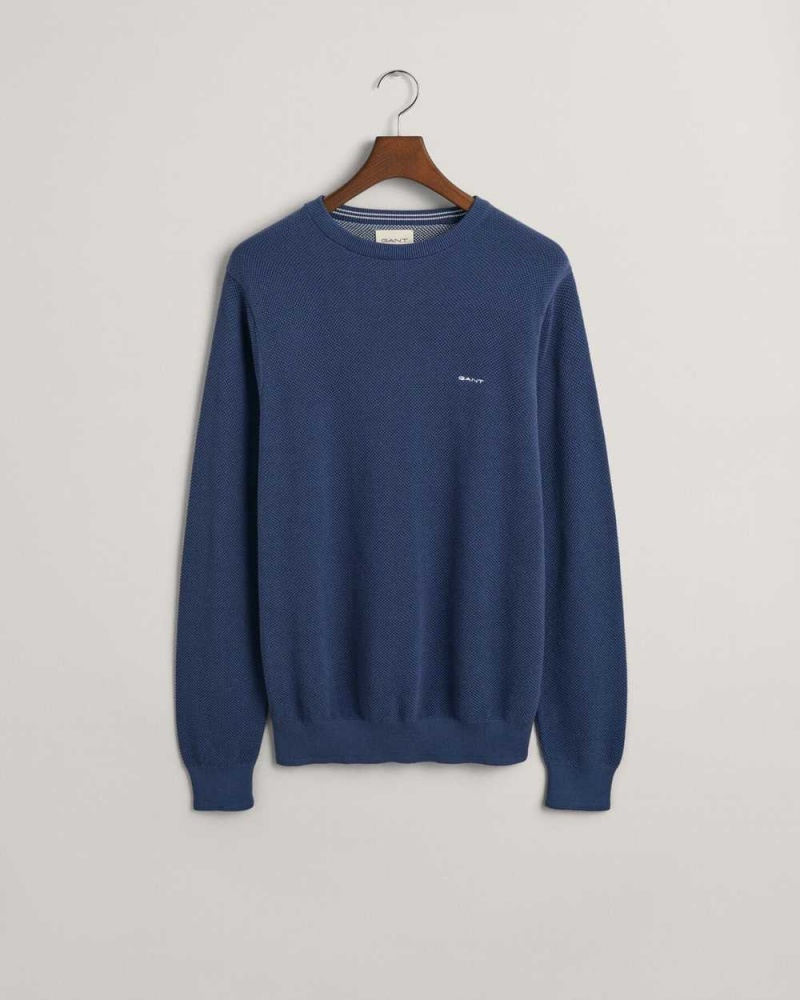 Gant Cotton Piqué Crew Neck Men's Sweater Dusty Blue Sea | BGRPJ-0489