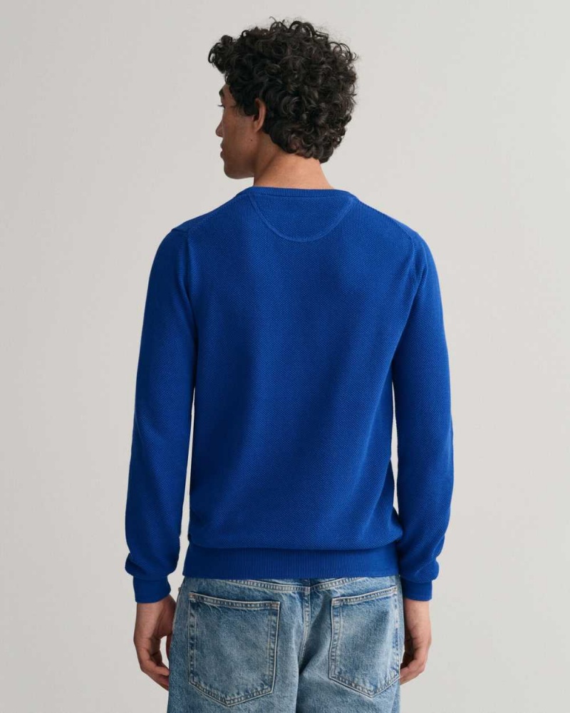 Gant Cotton Piqué Crew Neck Men's Sweater College Blue | BRUXP-6793