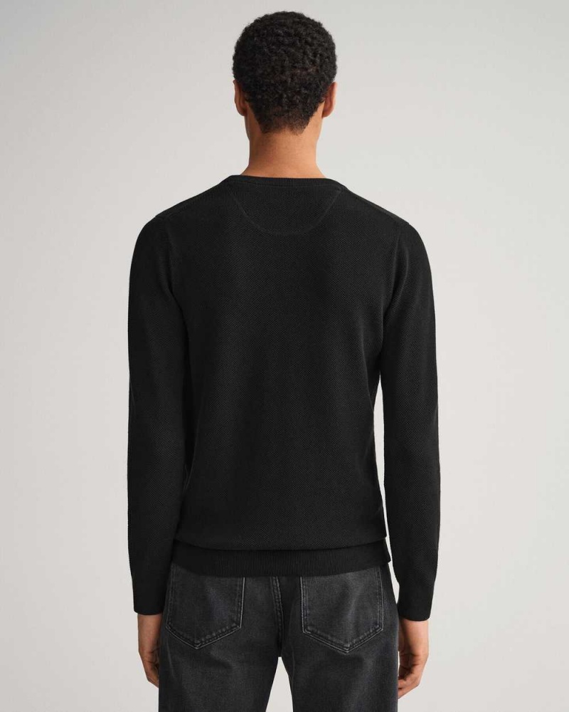 Gant Cotton Piqué Crew Neck Men's Sweater Black | URNQS-5628