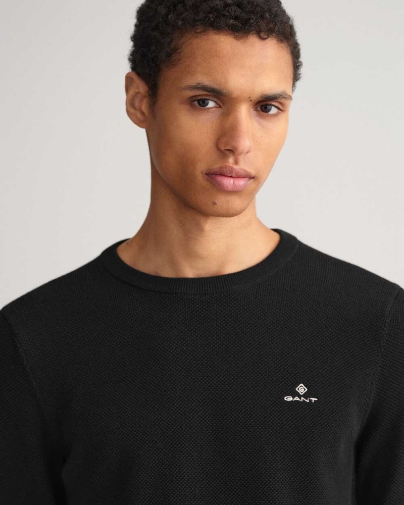 Gant Cotton Piqué Crew Neck Men's Sweater Black | URNQS-5628