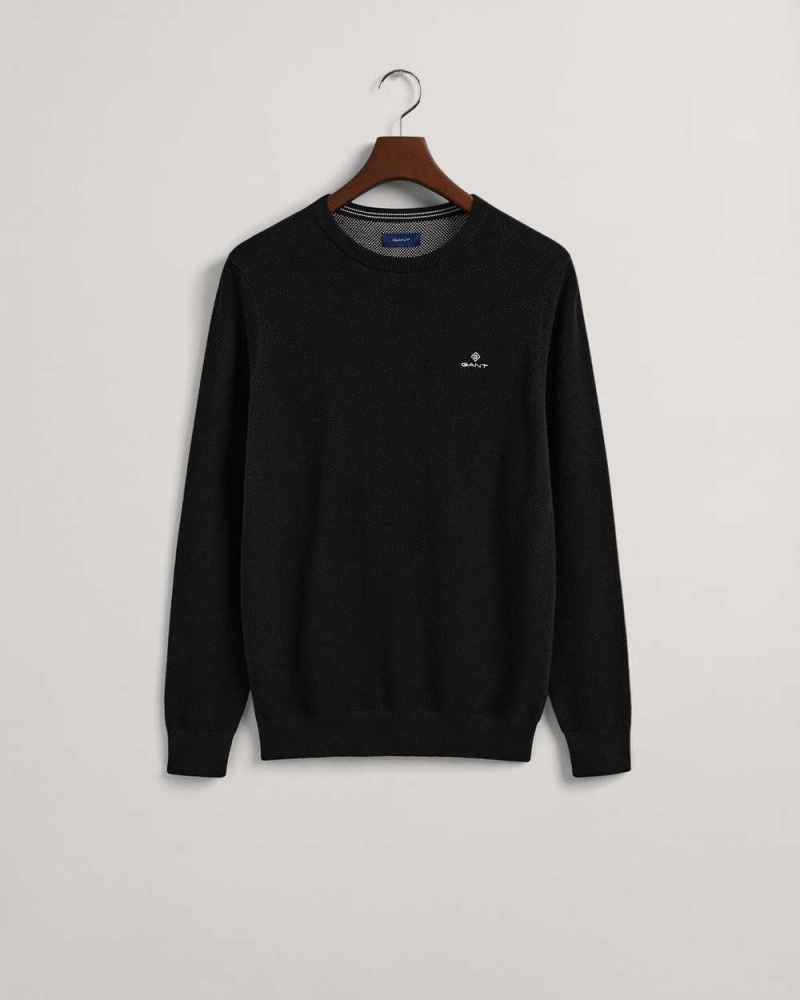 Gant Cotton Piqué Crew Neck Men's Sweater Black | URNQS-5628