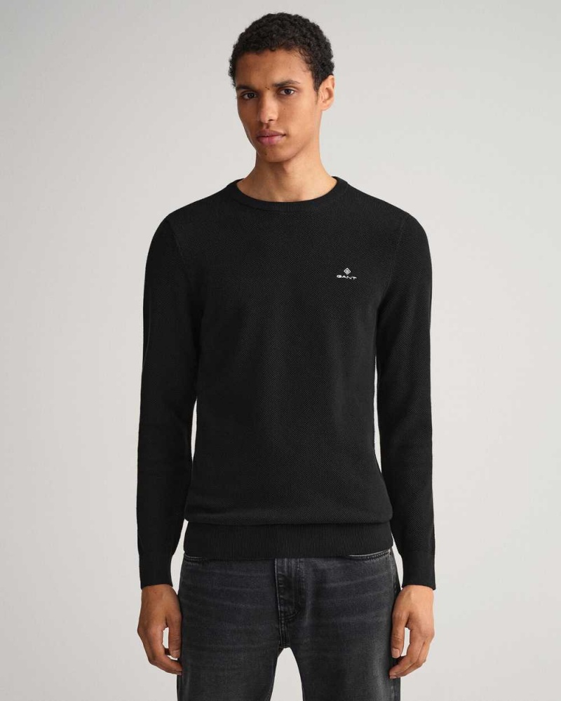 Gant Cotton Piqué Crew Neck Men\'s Sweater Black | URNQS-5628