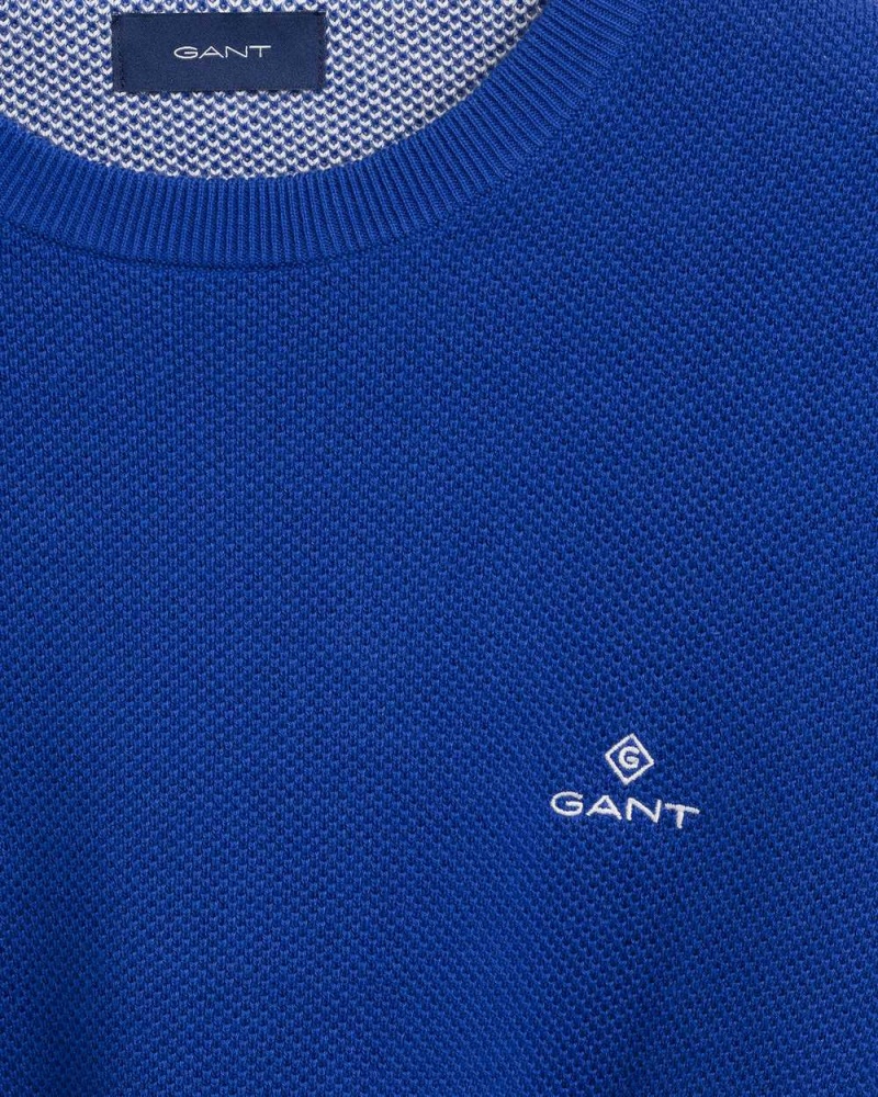 Gant Cotton Piqué Crew Neck Men's Sweater College Blue | FYCXS-7218